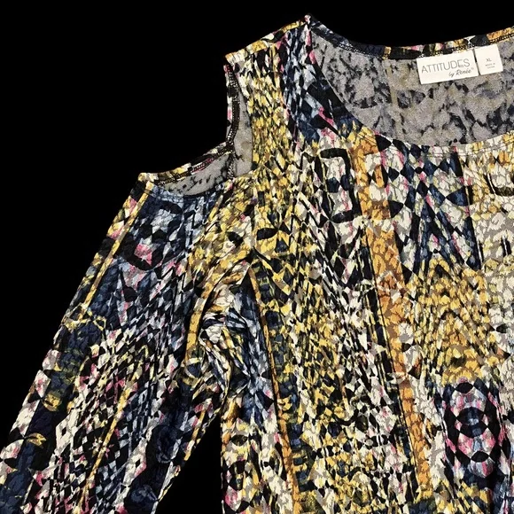 Attitudes By Renee Cold Shoulder Knit Top XL Blue Gold Black White - Picture 2 of 5